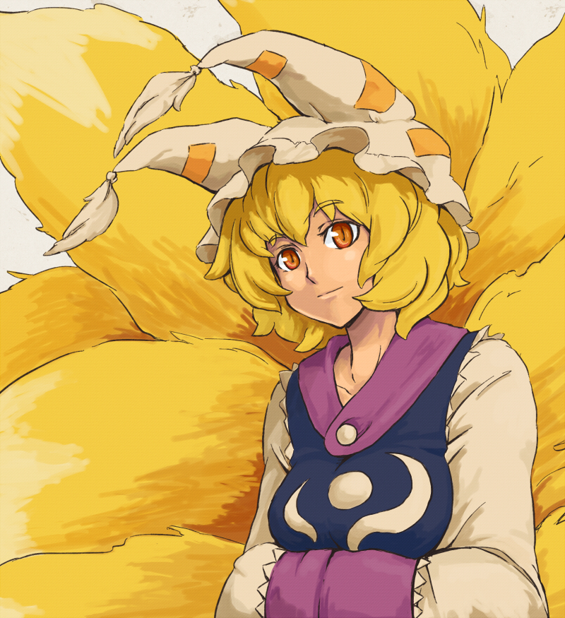 shibasaki shouji, yakumo ran, touhou, bad id, bad pixiv id, 1girl, animal hat, blonde hair, female focus, fox tail, hands in opposite sleeves, hat, long sleeves, mob cap, multiple tails, short hair, slit pupils, solo, tail, tassel, white background, wide sleeves, yellow eyes