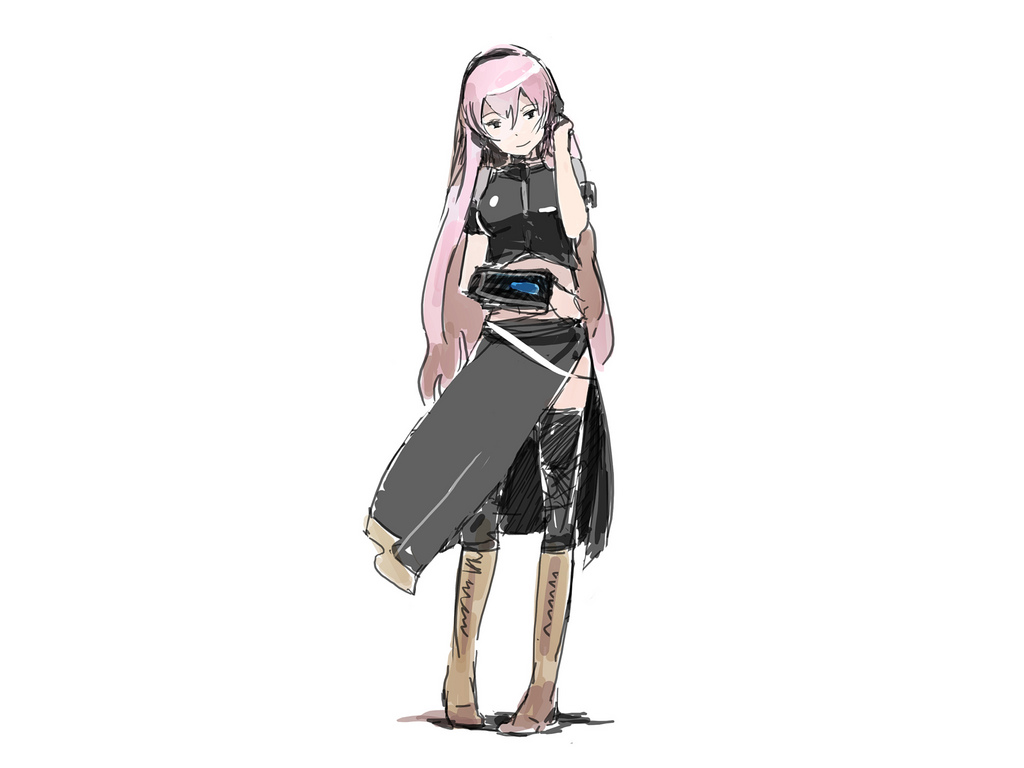 uki atsuya, megurine luka, vocaloid, black shirt, blouse, boots, hand in own hair, headset, long hair, pink hair, shirt, solo, standing, thighhighs
