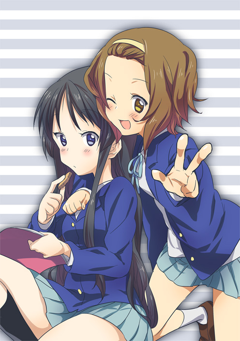 rom sen, akiyama mio, tainaka ritsu, k-on!, bad id, bad pixiv id, 00s, 2girls, black hair, blue eyes, book, brown eyes, brown hair, cookie, food, foreshortening, hairband, long hair, multiple girls, school uniform, short hair, tomboy, v, wink