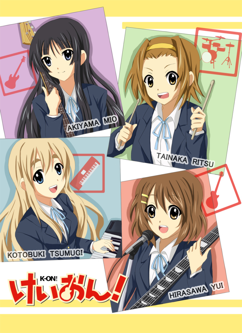 misuzu (iridescence), akiyama mio, hirasawa yui, kotobuki tsumugi, tainaka ritsu, k-on!, bad id, bad pixiv id, 00s, 4girls, black eyes, black hair, blonde hair, blue eyes, brown eyes, brown hair, drumsticks, guitar, ho-kago tea time, instrument, keyboard, keyboard (instrument), long hair, microphone, microphone stand, multiple girls, school uniform, short hair