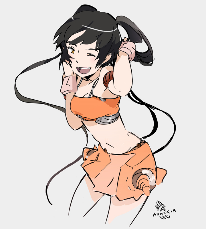 uki atsuya, arancia, original, 1girl, black hair, female focus, midriff, one eye closed, orange skirt, skirt, solo, twintails, white background, wink, yellow eyes