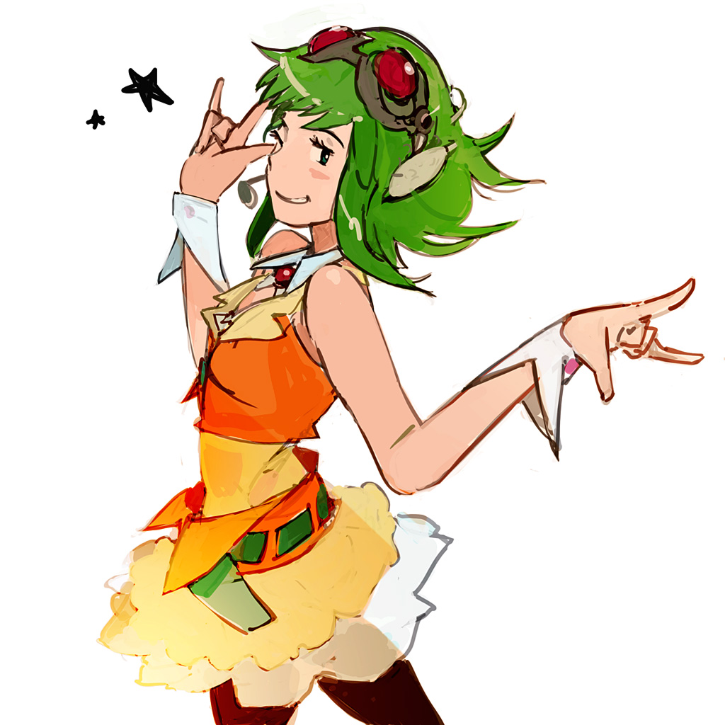 uki atsuya, gumi, vocaloid, 1girl, m/, blouse, cowboy shot, female focus, from side, goggles, green hair, headset, orange shirt, red-tinted eyewear, shirt, short hair, skirt, solo, thighhighs, tinted eyewear, white background, wrist cuffs