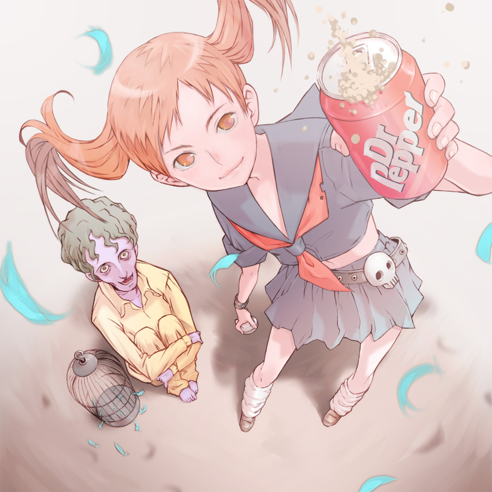 jpy, dr pepper, bad id, bad pixiv id, baseball, brown hair, cage, can, cola, drink can, from above, loose socks, school uniform, socks, soda, soda can, twintails