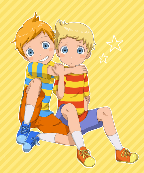 claus (mother 3), lucas (mother 3), mother (series), mother 3, nintendo, 2boys, blonde hair, blouse, blue eyes, brothers, hug, male focus, multiple boys, orange hair, orange shoes, shirt, shoes, siblings, sitting, smile, striped clothes, striped shirt, yellow background