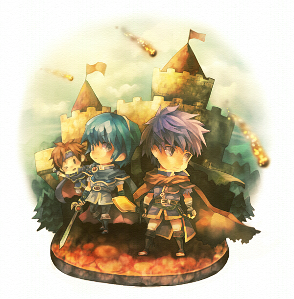 sui (petit comet), ike (fire emblem), marth (fire emblem), roy (fire emblem), fire emblem, fire emblem: mystery of the emblem, fire emblem: path of radiance, fire emblem: the binding blade, nintendo, super smash bros., 3boys, blue eyes, blue hair, cape, chibi, gloves, headband, male focus, multiple boys, one eye closed, red hair, stage, sword, tiara, weapon, wink