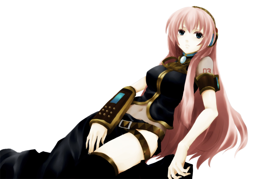 maruishi, maruishi matsu (artist), matsu (artist), megurine luka, vocaloid, bad id, bad pixiv id, 1girl, black skirt, blue eyes, female focus, headset, long hair, long skirt, navel, necktie, pink hair, side slit, skirt, solo, thighhighs, twintails
