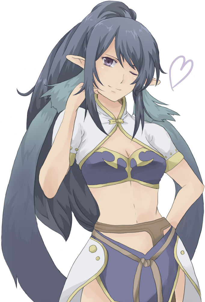 soranami kosumo, judith (tales), tales of (series), tales of vesperia, 00s, 1girl, blue hair, female focus, long hair, midriff, one eye closed, pointy ears, ponytail, purple eyes, solo, wink