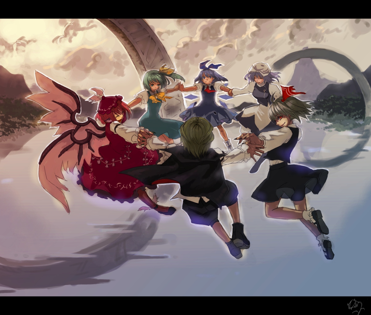 vica, cirno, daiyousei, letty whiterock, mystia lorelei, rumia, wriggle nightbug, touhou, 6+girls, animal ears, blonde hair, blue eyes, blue hair, green eyes, green hair, hat, holding hands, lake, laughing, letterboxed, multiple girls, red eyes, ribbon, smirk, team 9 (touhou), wings