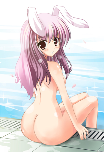 kurume shou, savage boss, reisen udongein inaba, touhou, bad id, bad pixiv id, 1girl, animal ears, ass, blush, female focus, huge ass, lens flare, looking back, nude, petals, pink eyes, pink hair, pool, poolside, rabbit ears, red eyes, short hair, sitting, soaking feet, solo, sparkle, water