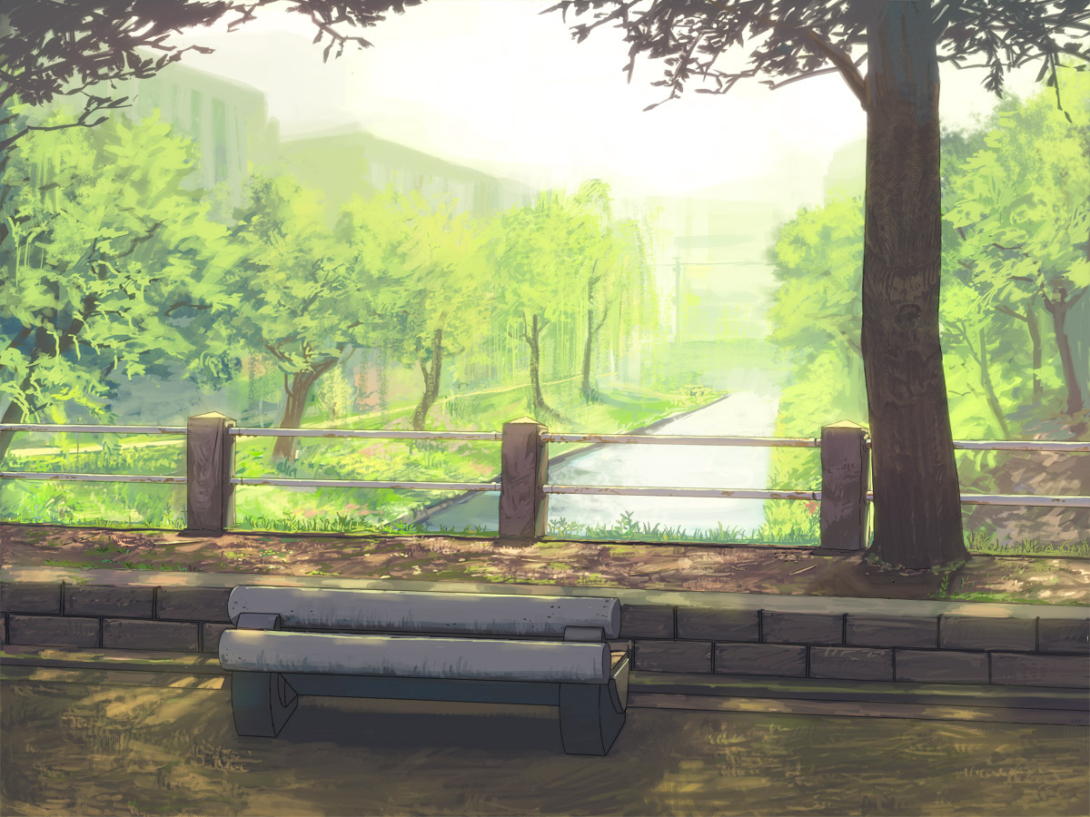 fo~do, original, bench, grass, no humans, river, scenery, shade, sunlight, tree, tree shade