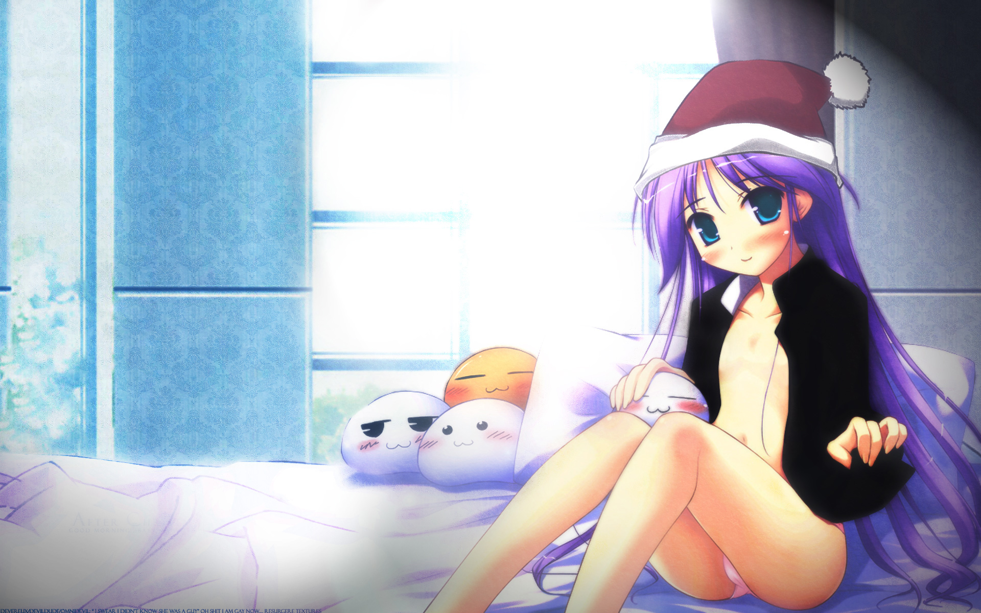 ko~cha, watarase jun, happiness!, highres, 00s, 1boy, :3, alternate eye color, blue eyes, blush, christmas, crossdressing, crossdressing (mtf), hair spread out, hat, long hair, male focus, nipples, no bra, open clothes, open shirt, panties, pantyshot, pink panties, purple hair, santa hat, shirt, sitting, smile, solo, thighhighs, tongue, trap, underwear