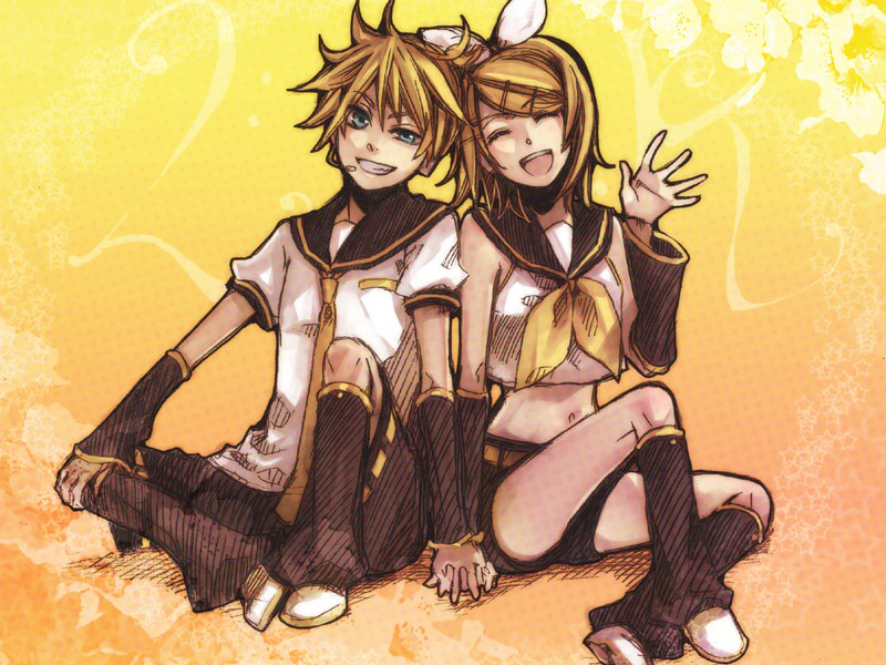 suzunosuke (sagula), kagamine len, kagamine rin, vocaloid, bad id, bad pixiv id, 1boy, 1girl, blonde hair, blue eyes, brother and sister, closed eyes, grin, hair ornament, hair ribbon, hairclip, hetero, holding hands, midriff, necktie, ribbon, short hair, shorts, siblings, sitting, smile, twins, yellow necktie