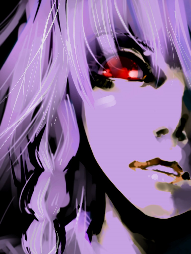 kuruwa (artist), teoshiguruma, izayoi sakuya, touhou, 1girl, braid, close-up, female focus, monochrome, purple theme, red eyes, solo, spot color