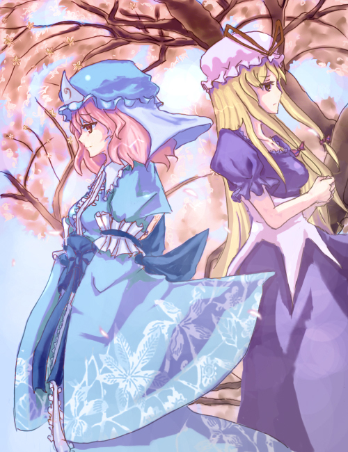 2mm, saigyouji yuyuko, yakumo yukari, touhou, 2girls, blonde hair, dress, female focus, hat, long hair, multiple girls, nature, outdoors, pink hair, plant, sky