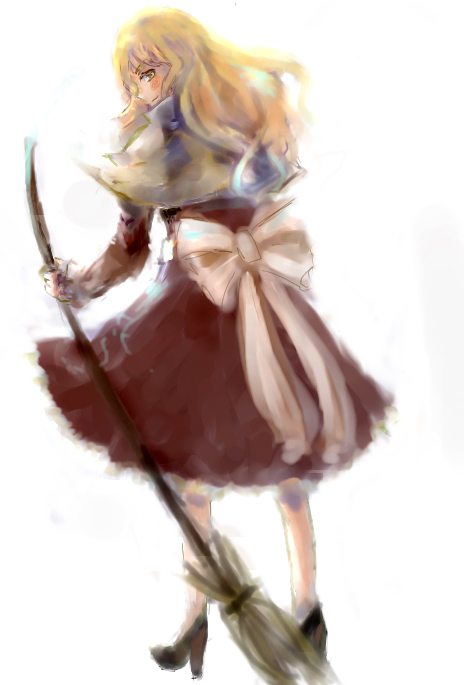 2mm, kirisame marisa, touhou, traditional media, 1girl, blonde hair, bow, broom, dress, female focus, high heels, looking back, shoes, solo, white background, yellow eyes
