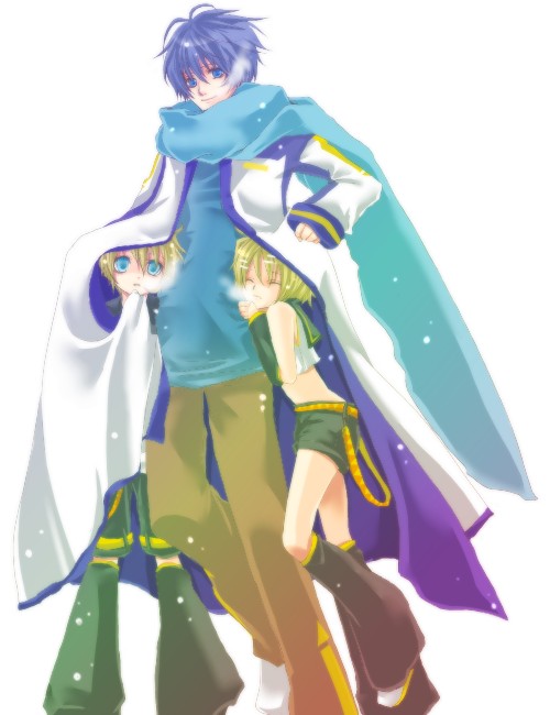 usagi (pixiv), usagi (usagi 1221), kagamine len, kagamine rin, kaito (vocaloid), vocaloid, 1girl, 2boys, blonde hair, blue eyes, blue hair, multiple boys, scarf, short hair, shorts, smile, snow