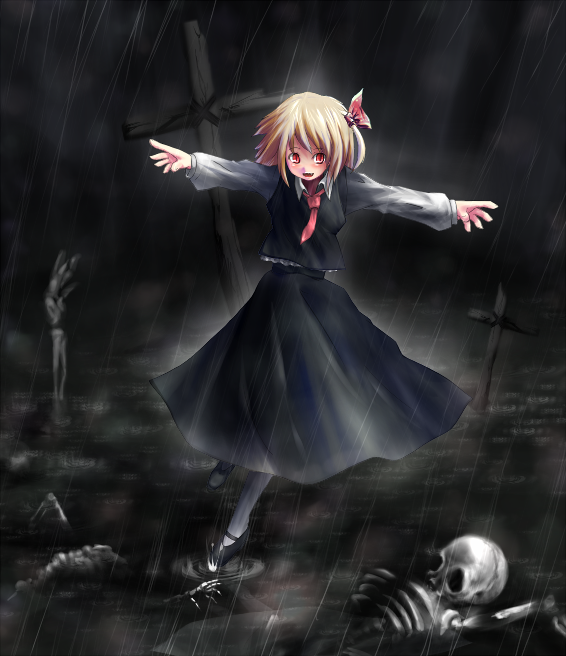 usuki (graygreed), rumia, embodiment of scarlet devil, touhou, bad id, bad pixiv id, highres, 1girl, blonde hair, bone, bow, creepy, cross, fang, female focus, hair bow, hair ribbon, necktie, outstretched arms, rain, red eyes, ribbon, short hair, skull, solo, spread arms