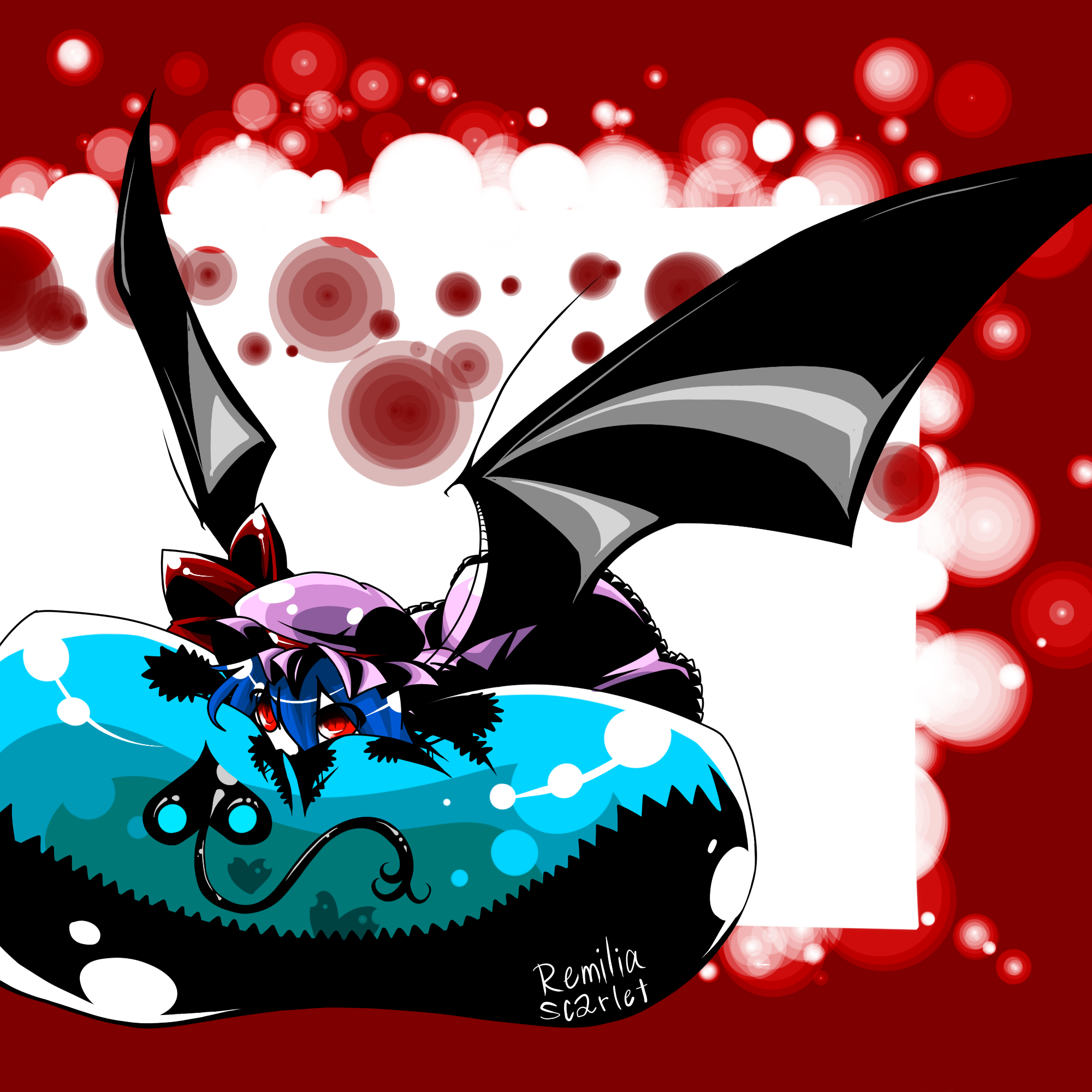 eiri (eirri), remilia scarlet, touhou, bad id, bad pixiv id, highres, 1girl, bat wings, blue hair, chibi, female focus, hat, short hair, solo, wings