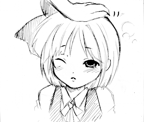 tukikage1919, konpaku youmu, touhou, lowres, 1girl, female focus, greyscale, head pat, headpat, monochrome, one eye closed, sketch, solo focus, wink