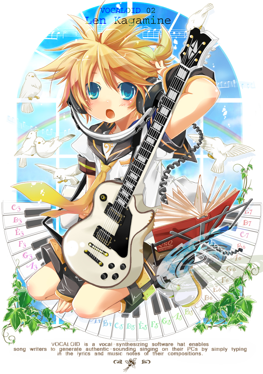 hekicha, kagamine len, vocaloid, highres, 1boy, bird, blonde hair, blue eyes, book, character name, english text, guitar, headphones, instrument, kneeling, male focus, musical note, short hair, shorts, solo