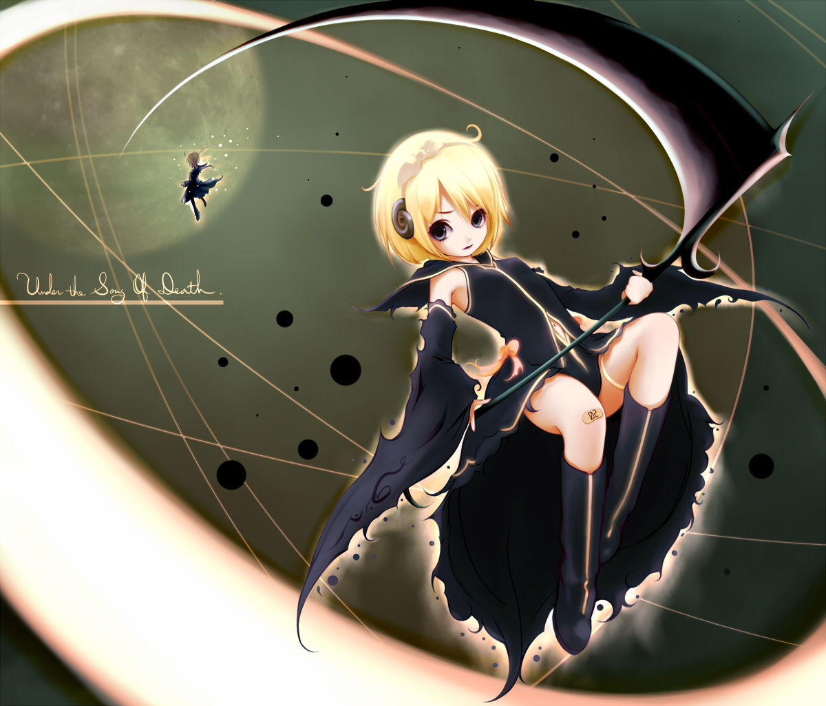 yori, yori (shitsuon), kagamine len, kagamine rin, vocaloid, 1boy, 1girl, black dress, blonde hair, blue eyes, boots, brother and sister, detached sleeves, dress, leotard, scythe, short hair, siblings, twins