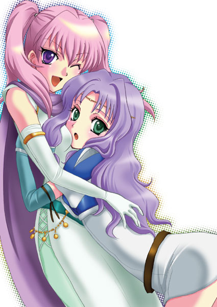 umehime, florina (fire emblem), serra (fire emblem), fire emblem, fire emblem: the blazing blade, nintendo, pegasus knight uniform (fire emblem), 2girls, :o, ;d, aqua eyes, aqua gloves, armlet, armor, belt, bent over, breast press, breast smother, breasts, circlet, cleric, dress, elbow gloves, face to breasts, female focus, gloves, green eyes, hug, jewelry, legs, long hair, looking at another, looking back, multiple girls, one eye closed, open mouth, pink hair, purple eyes, purple hair, scarf, sleeveless, sleeveless dress, smile, twintails, white dress, white gloves, wink, yuri