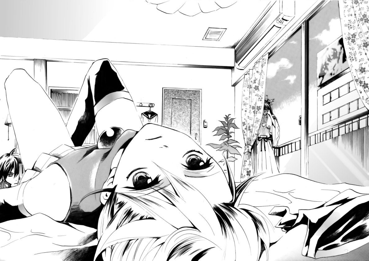 hakuseki, kagamine len, kaito (vocaloid), kamui gakupo, vocaloid, 1boy, asymmetrical clothes, camera, cellphone, crossdressing, crossdressing (mtf), greyscale, indoors, long hair, lying, male focus, monochrome, on back, peeking, phone, short hair, single thighhigh, sky, solo, thighhighs