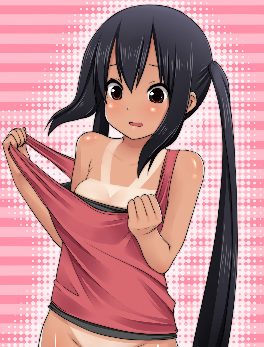 aoinagi, nakano azusa, k-on!, highres, 00s, 1girl, bare shoulders, black hair, blush, bottomless, brown eyes, female focus, loli, long hair, one-piece tan, open mouth, out-of-frame censoring, pink background, solo, tan, tanline, upper body, very long hair