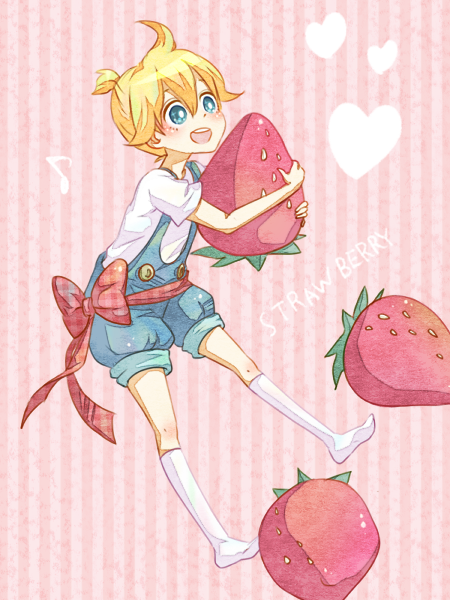 poco24, kagamine len, vocaloid, bad id, bad pixiv id, 1boy, blonde hair, blue eyes, food, fruit, heart, holding, holding food, holding fruit, male focus, ribbon, short hair, smile, solo, strawberry