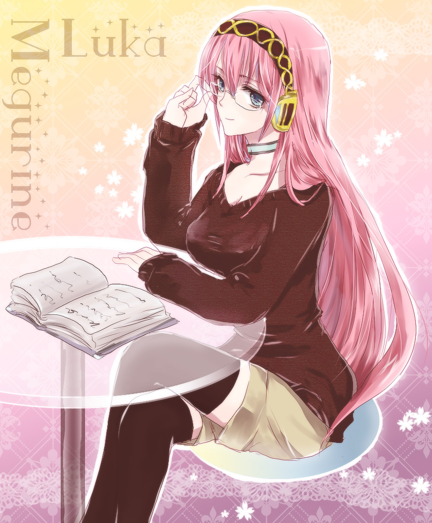 outlaw, unabara misumi, megurine luka, vocaloid, bad id, bad pixiv id, 1girl, adjusting eyewear, bespectacled, blue eyes, book, casual, crossed legs, female focus, glasses, headphones, long hair, pink hair, shorts, sitting, smile, solo, sweater, thighhighs