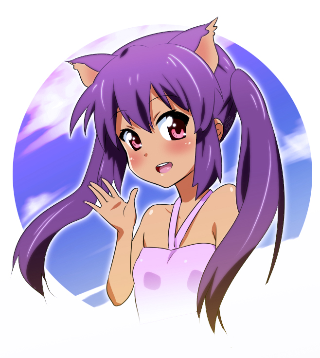 zpolice, nakano azusa, k-on!, bad id, bad pixiv id, 00s, 1girl, alternate hair color, animal ears, bare shoulders, cat ears, female focus, flat chest, pink eyes, purple hair, solo, tan, twintails