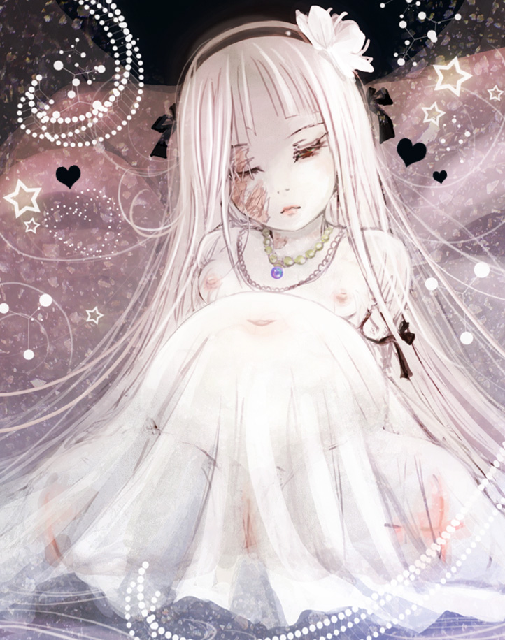 funakura, original, 1girl, amputee, blonde hair, bow, breasts, female focus, flower, long hair, nipples, pregnant, quadruple amputee, scar, see-through clothes, small breasts, solo