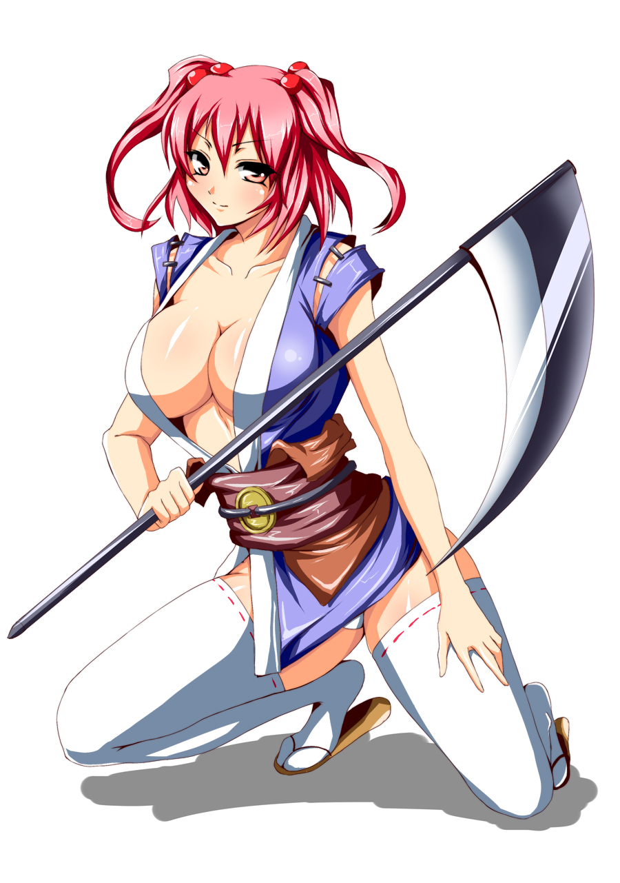 iwamoto eiri, onozuka komachi, touhou, hand on thigh, bad id, bad pixiv id, highres, 1girl, blush, breasts, cleavage, collarbone, female focus, hair ornament, large breasts, looking at viewer, red eyes, red hair, sandals, scythe, shadow, simple background, smile, solo, squatting, thighhighs, twintails, two side up, white background, white thighhighs