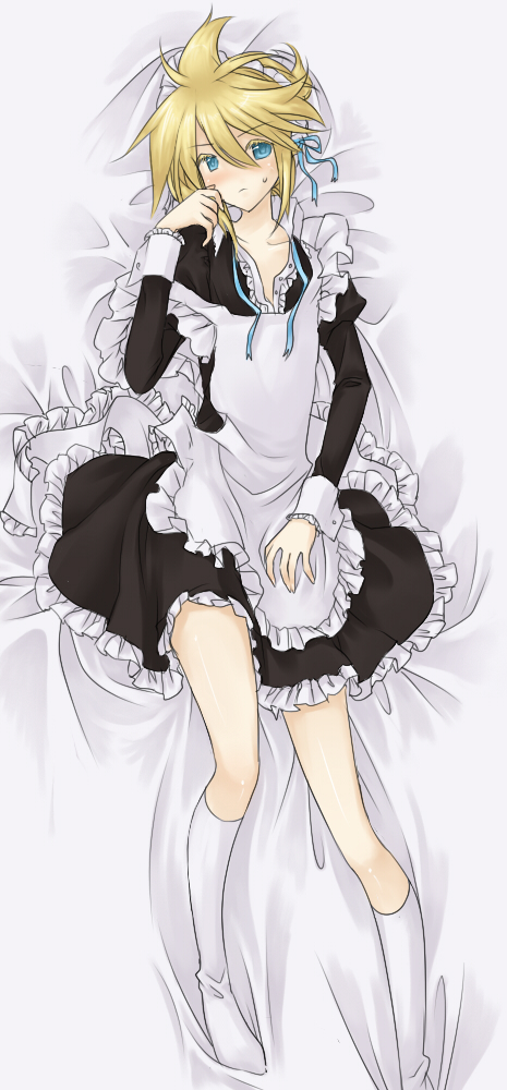 kinoko (pixiv), rella, kagamine len, vocaloid, bad id, bad pixiv id, 1boy, alternate costume, apron, blonde hair, blue eyes, colored eyelashes, crossdressing, crossdressing (mtf), dakimakura (medium), enmaided, full body, hair ribbon, lying, maid, maid apron, male focus, male maid, on back, ribbon, short hair, socks, solo, sweat, trap, white socks