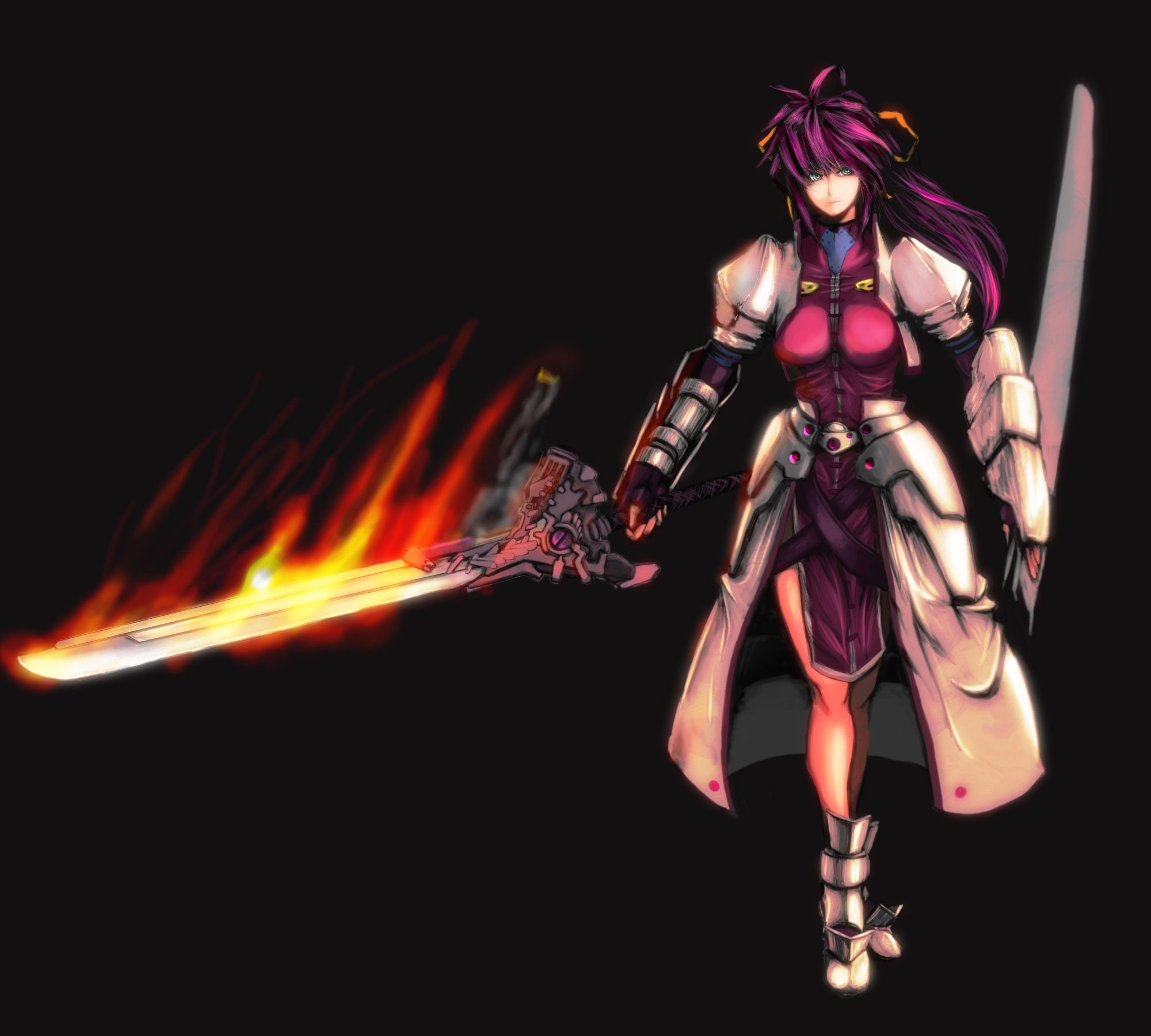 y.mato, signum, lyrical nanoha, mahou shoujo lyrical nanoha, mahou shoujo lyrical nanoha strikers, bad id, bad pixiv id, highres, 00s, 1girl, armor, armored boots, boots, faulds, female focus, fire, flaming sword, flaming weapon, high collar, long hair, purple hair, solo, sword, weapon