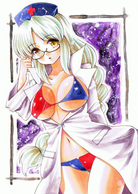 kidaniel, kidanieru, yagokoro eirin, touhou, acrylic paint (medium), bad id, bad pixiv id, marker (medium), painting (medium), traditional media, watercolor (medium), 1girl, adjusting eyewear, bespectacled, bikini, breasts, covered erect nipples, female focus, glasses, large breasts, solo, swimsuit, yellow eyes