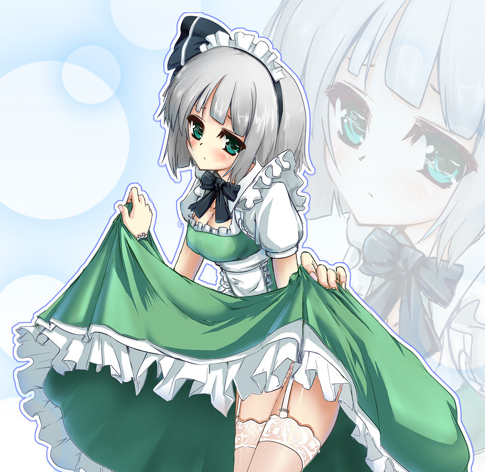 dot r, konpaku youmu, touhou, lace-trimmed legwear, silver hair, bad id, bad pixiv id, 1girl, adapted costume, alternate costume, apron, aqua eyes, blue eyes, blunt bangs, blush, bob cut, bow, bowtie, breasts, cleavage, clothes lift, dress, dress lift, enmaided, female focus, frilled dress, frilled thighhighs, frills, garter belt, garter straps, green dress, green eyes, hair bow, hairband, head tilt, lace, lace trim, large breasts, leaning forward, lingerie, maid, maid apron, maid headdress, petticoat, shiny skin, short hair, shy, skirt, skirt lift, solo, thighhighs, underwear, white thighhighs, zoom layer