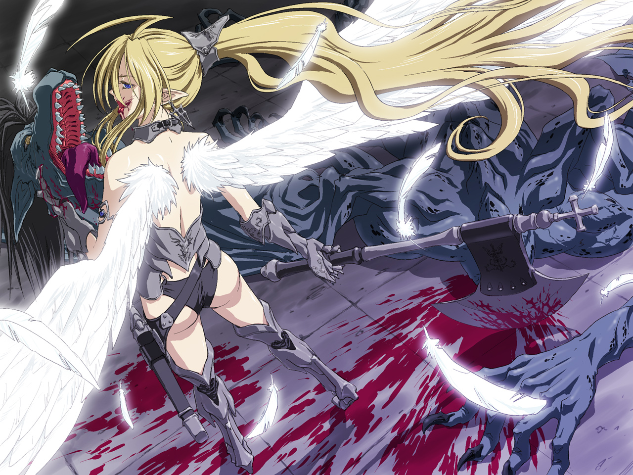 iga tomoteru, original, angel, armor, axe, blonde hair, blood, blue eyes, collar, demon, fantasy, gauntlets, pointy ears, solo, weapon, wings