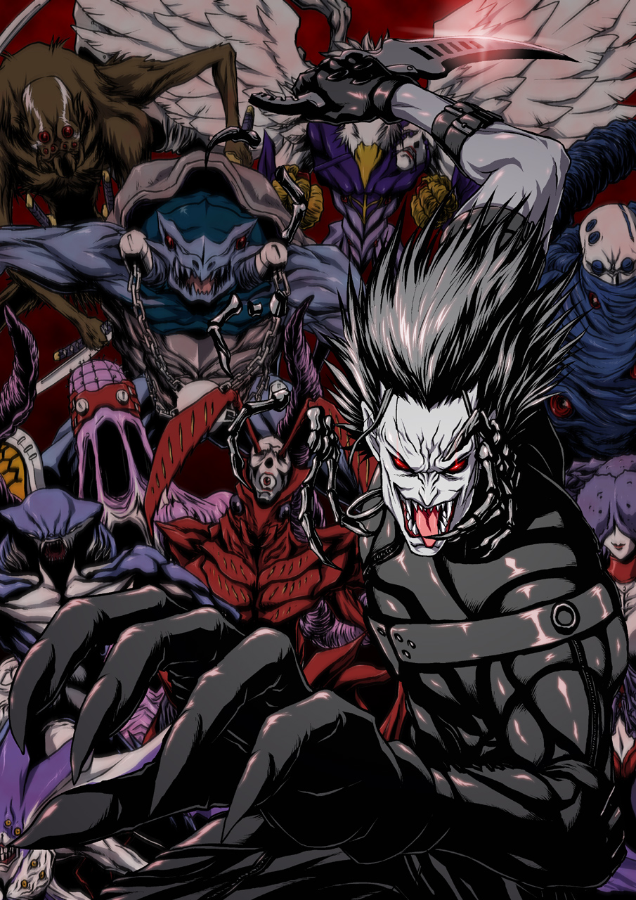 iga tomoteru, nitroplus, vampirdzhija vjedogonia, highres, 2boys, androgynous, chain, earrings, feathers, frown, jewelry, monster, multiple boys, no humans, one-eyed, open mouth, red eyes, teeth, tongue, wings