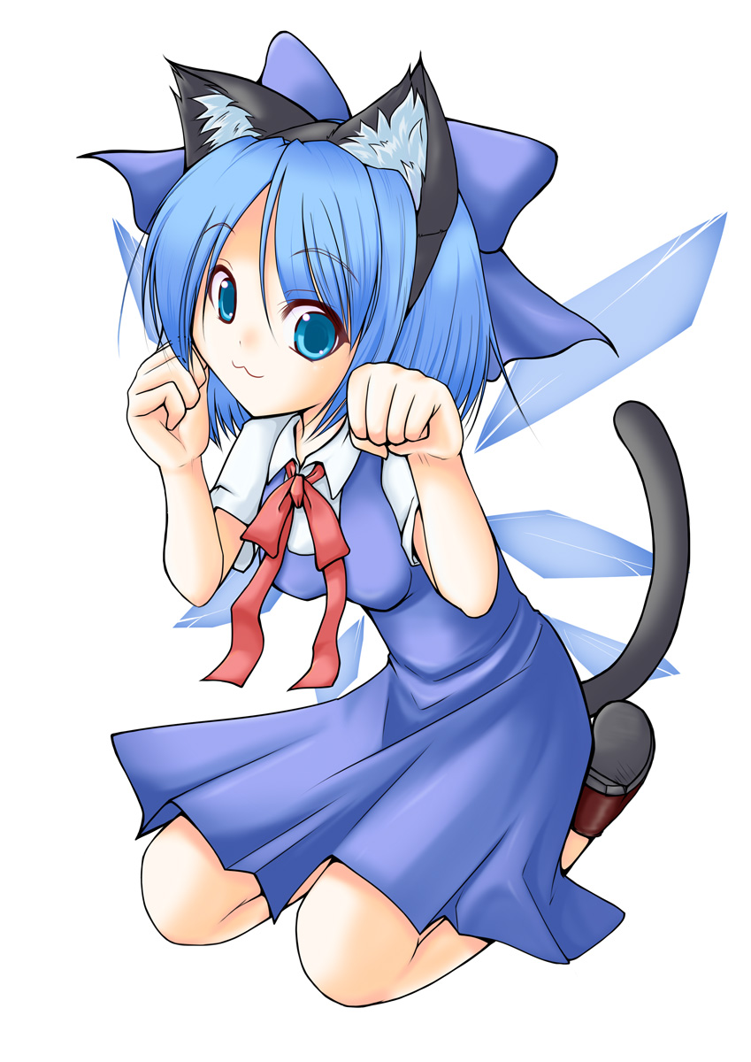 shishi tooga, cirno, embodiment of scarlet devil, touhou, highres, 1girl, :3, animal ears, blue eyes, blue hair, cat ears, cat girl, cat tail, dress, female focus, full body, matching hair/eyes, paw pose, ribbon, short hair, simple background, solo, tail, white background, wings