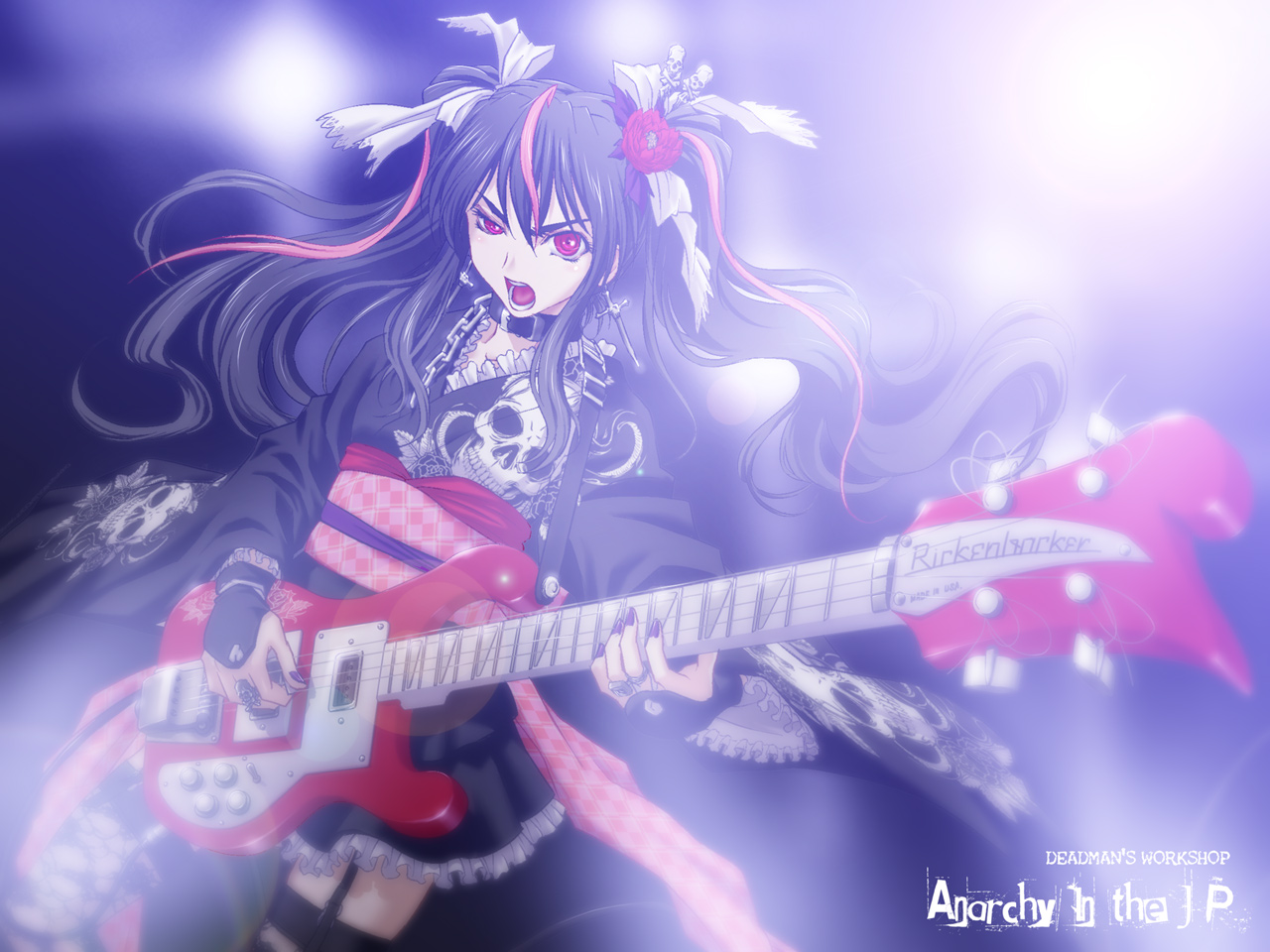 iga tomoteru, original, duplicate, 1girl, bass guitar, black hair, chain, collar, cross, earrings, female focus, garter belt, guitar, instrument, japanese clothes, jewelry, kimono, kimono skirt, lolita fashion, long hair, multicolored hair, red eyes, rickenbacker 4001, solo, streaked hair, thighhighs, twintails, two-tone hair, wa lolita