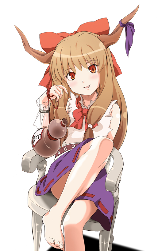 misashi (raichi821), ibuki suika, touhou, bad id, bad pixiv id, 1girl, barefoot, bow, brown eyes, brown hair, chair, feet, female focus, gourd, hair bow, horns, large bow, long hair, looking at viewer, orange eyes, sitting, solo