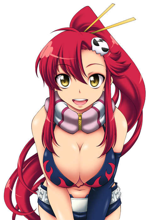onizuka takuto, yoko littner, tengen toppa gurren lagann, bad id, bad pixiv id, 00s, 1girl, bikini, bikini top only, breasts, cleavage, elbow gloves, female focus, gloves, hair ornament, huge breasts, long hair, midriff, open mouth, ponytail, red hair, scarf, shorts, smile, solo, swimsuit, yellow eyes