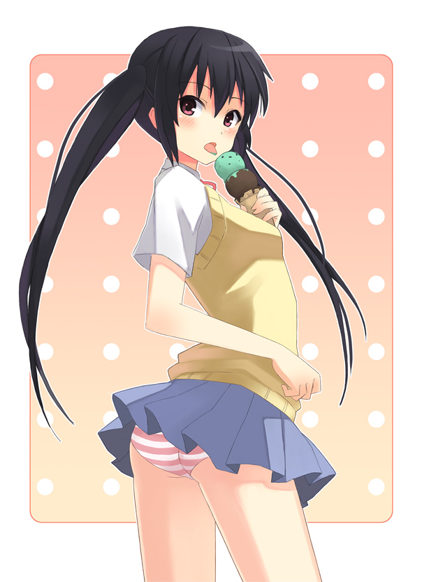 nishikawa ari, nakano azusa, k-on!, 00s, 1girl, ass, black hair, female focus, food, ice cream, licking, panties, pantyshot, school uniform, solo, striped clothes, striped panties, sweater vest, tongue, twintails, underwear