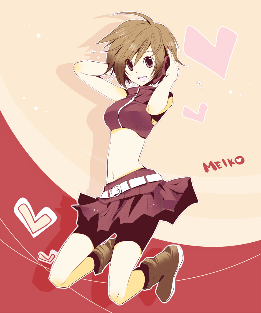 matsumaro, matsyumaro, meiko (vocaloid), project diva, project diva (series), vocaloid, bad id, bad pixiv id, 1girl, belt, boots, brown eyes, brown hair, female focus, headphones, heart, jumping, midriff, navel, short hair, skirt, smile, solo