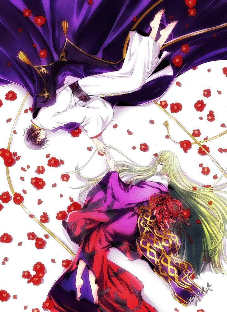meimi k, c.c., lelouch vi britannia, code geass, 00s, barefoot, cape, closed eyes, dutch angle, feet, flower, green hair, holding hands, japanese clothes, kimono, long hair, lying, rotational symmetry, signature, upside-down, very long hair