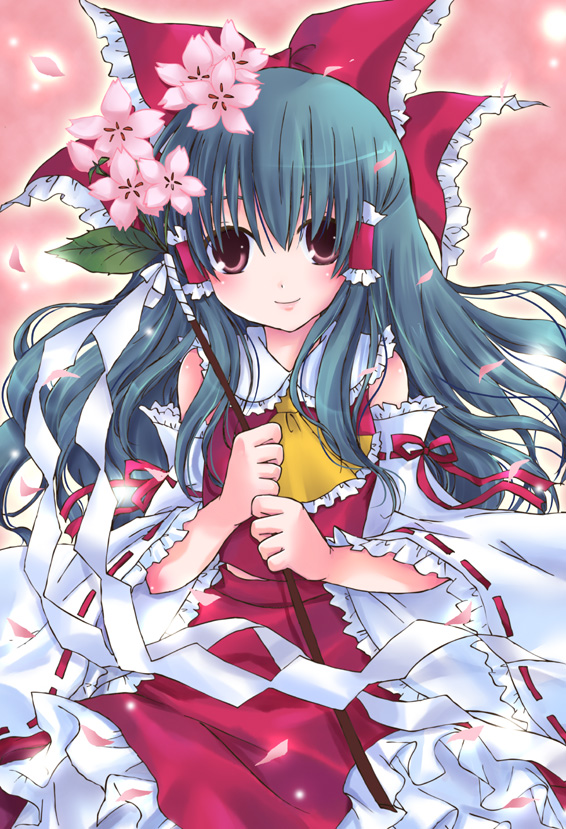 ogakuru, hakurei reimu, touhou, 1girl, black hair, detached sleeves, female focus, flower, gohei, japanese clothes, long hair, miko, petals, plant, skirt, solo