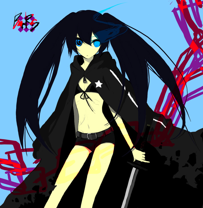nntn, black rock shooter (character), black rock shooter, vocaloid, bad id, bad pixiv id, 10s, 1girl, bikini, bikini top only, black hair, blue eyes, cape, female focus, glowing, glowing eyes, long hair, midriff, shorts, solo, swimsuit, sword, twintails, underwear, weapon