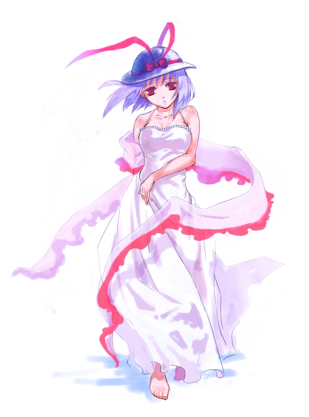 vica, nagae iku, touhou, bad id, bad pixiv id, 1girl, barefoot, blue hair, female focus, full body, hat, red eyes, short hair, solo, standing, white background