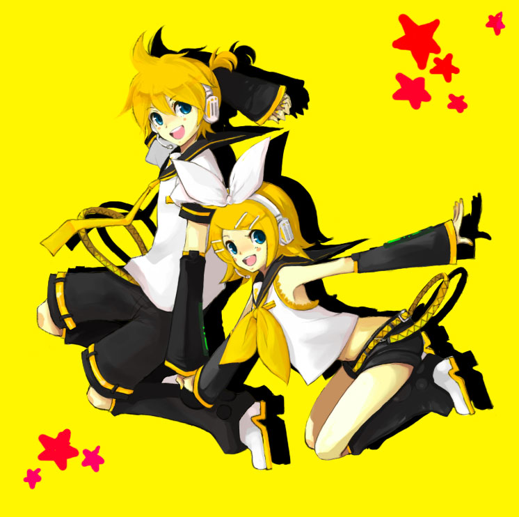 nntn, kagamine len, kagamine rin, vocaloid, bad id, bad pixiv id, 1boy, 1girl, blonde hair, blue eyes, brother and sister, detached sleeves, hair ornament, hair ribbon, hairclip, headphones, headset, midriff, necktie, ribbon, short hair, shorts, siblings, twins, yellow necktie